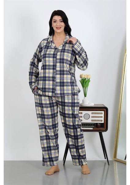 Modaserdem Kadın Büyük Beden Pamuklu Cepli Düğmeli Lacivert Pijama Takım 202504