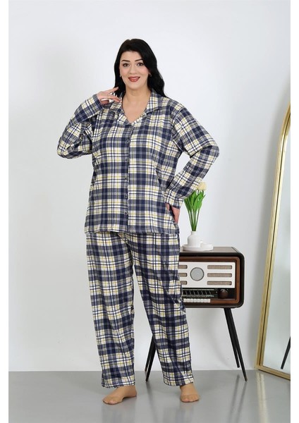 Modaserdem Kadın Büyük Beden Pamuklu Cepli Düğmeli Lacivert Pijama Takım 202504 modelleri