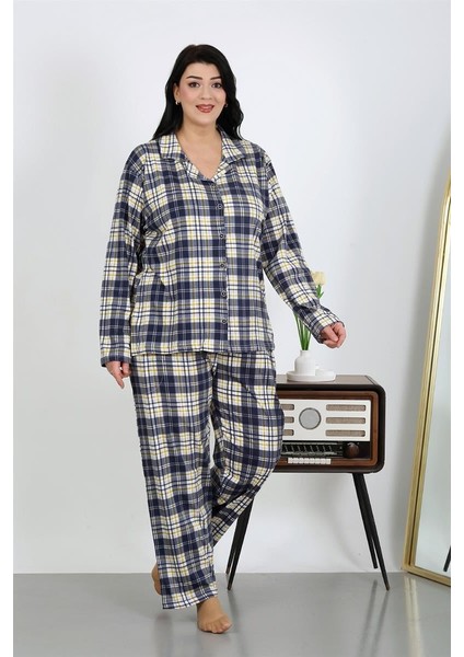 Modaserdem Kadın Büyük Beden Pamuklu Cepli Düğmeli Lacivert Pijama Takım 202504 fırsatları