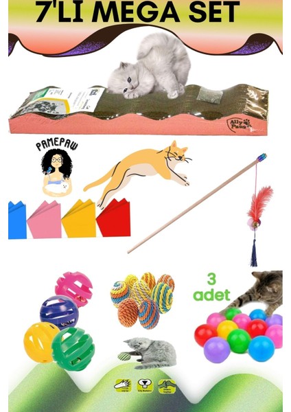 Luxury 7'li Set : Kedi Naneli Tırmalama Kartonu , Sarma Top , Olta , 3'lü Mini Top , Çıngıraklı Top 1 Adet fiyatları