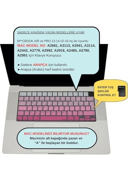 Store Arapça Klavye Macbook Air Pro Kılıf M1-M2-M3, Gradient A2681 A3113, A2941 A3114, A2442 A2779 A2992 A2918, A2485 A2780 A2991 ile Uyumlu Pembe