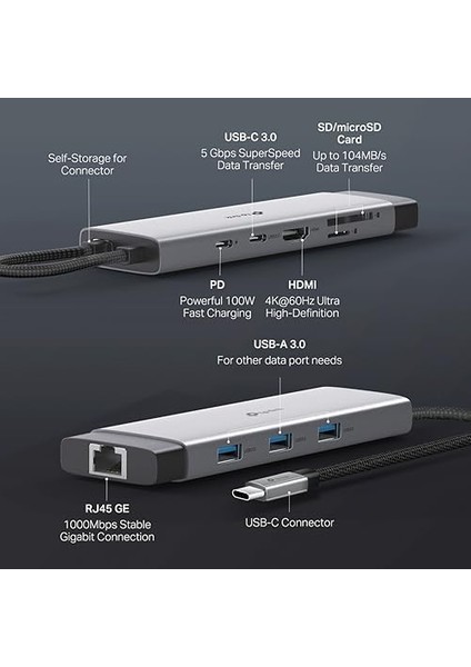 UH9120C, 4K 60Hz Hdmı, Gigabit RJ45 Port, 100W Hızlı Şarj, Sd ve Microsd Kart Yuvası, 5gbps Data Transfer Hızı, 9'u Bir Arada Usb-C Hub