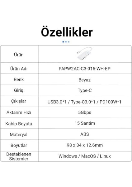 4 Portlu Type-C To USB 3.0 / Type-C Pd 100W Yüksek Hızlı 5gbps Hub Çoklayıcı Beyaz