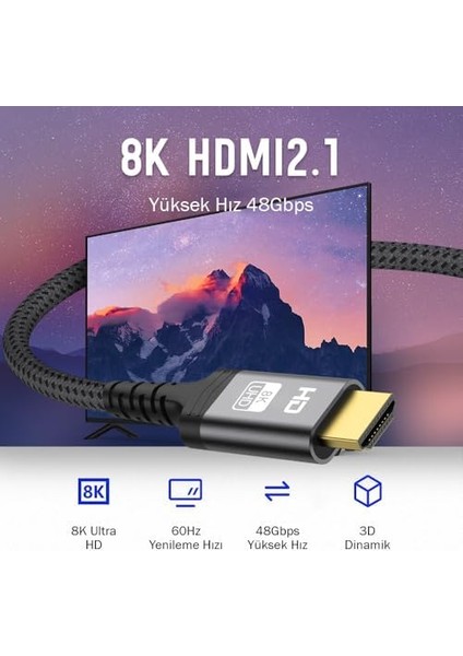 (1 Metre) HDMI 2.1 Kablo 8k 60Hz 4K 120Hz 48GBIT/S Yüksek Hızlı, HDMI Kablo Tv/ps5/ps4/ Xbox Series X/monitör ile Uyumlu