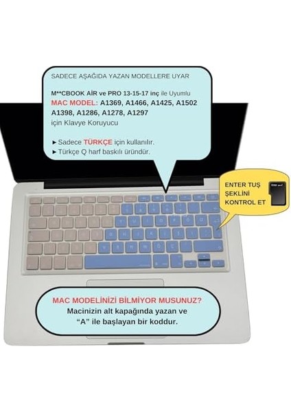 Macbook Air Pro Klavye Koruyucu (Türkçe Q) R.powder (Eski USB Li Model 2008/2017 Yılı) ile Uyumlu R.powder Mavi Pembe