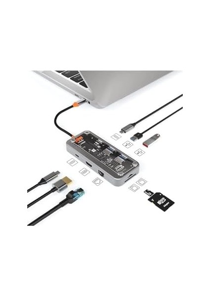 Hub Çok Fonksiyonlu, 8'li Bağlantı Noktası, Hdmı, USB 3.0, Sd Kart Okuyucu, Ethernet, Gümüş