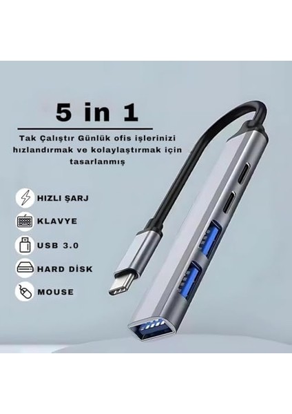5in1 Type C To 3x Usb, 2x Pd Type C Çoğaltıcı Çevirici Hub, Klavye, Mouse,usb Okuyucu Adaptör