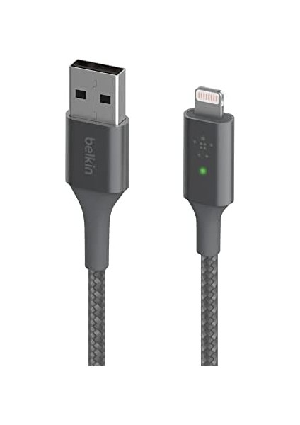 Smart LED Şarj Kablosu USB - Lightning 4 Ft/1.2 Metre (Bir Bakışta Şarj Durumunuzu Görün) Mfi Sertifikalı - Gri