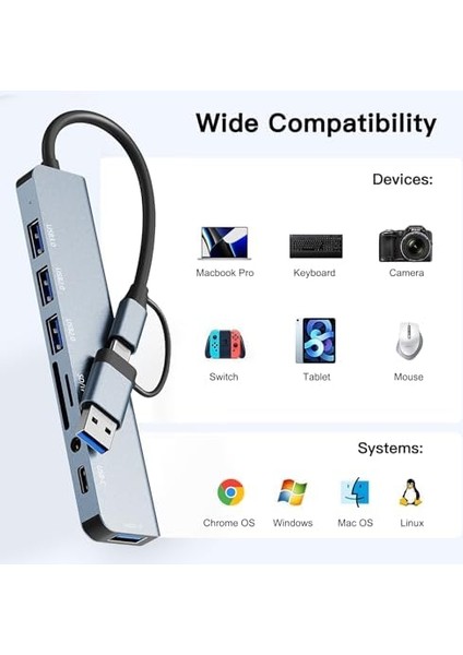 USB C Hub, 8'i 2 Arada USB Hub 3.0 Çoklu Bağlantı Noktalı Adaptör, USB 3.0 Bağlantı Noktası, Sd/tf Kart Okuyucu, Usb-C ve 3 x USB 2.0 Veri Bağlantısı, 3,5 mm Kulaklık Bağlantısı, MacBook