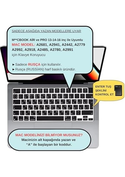 Rusça Klavye Macbook Air-Pro Koruyucu (Touchbarsız) A2681 A3113, A2941 A3114, A2442 A2779 A2992 A2918, A2485 A2780 A2991 ile Uyumlu Siyah