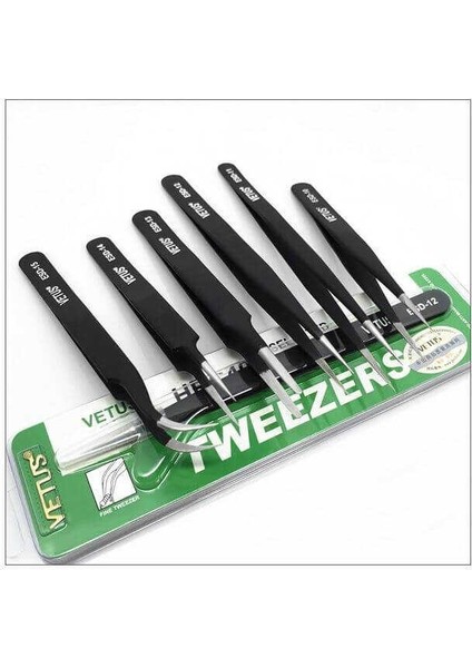 Vetus 6 Parça Hassas Elektronik Cımbız Seti Antistatik Çelik Tweezer Set