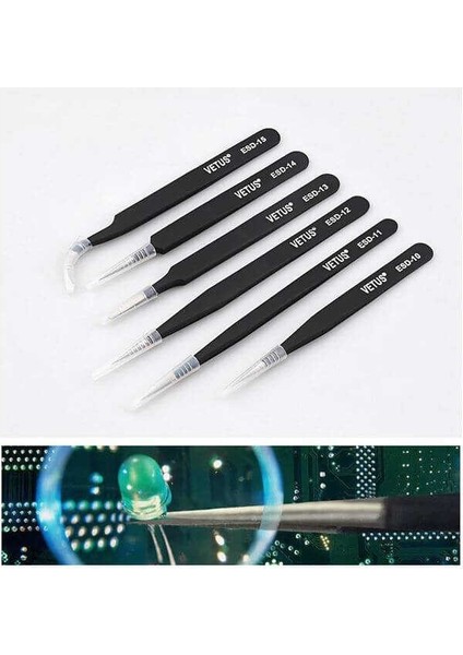 Vetus 6 Parça Hassas Elektronik Cımbız Seti Antistatik Çelik Tweezer Set