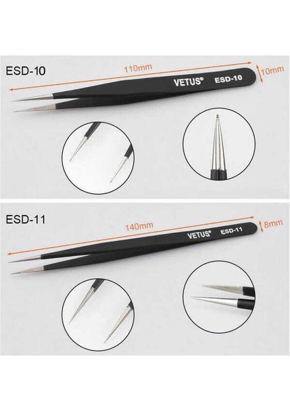 Vetus 6 Parça Hassas Elektronik Cımbız Seti Antistatik Çelik Tweezer Set