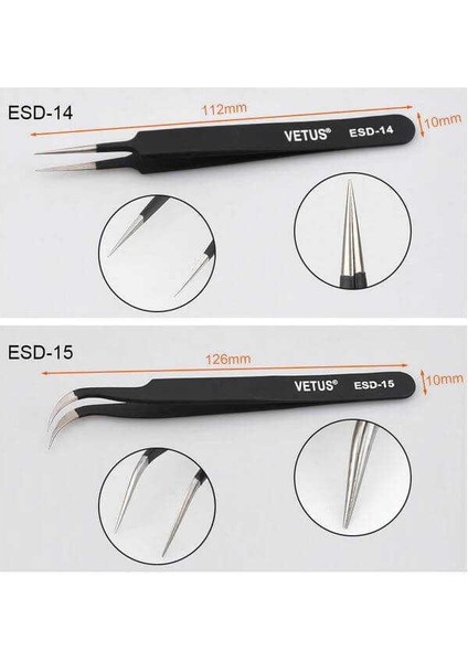 Vetus 6 Parça Hassas Elektronik Cımbız Seti Antistatik Çelik Tweezer Set