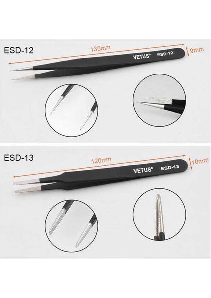 Vetus 6 Parça Hassas Elektronik Cımbız Seti Antistatik Çelik Tweezer Set