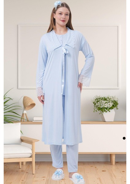 Mecit 1541 Mavi Uzun Sabahlıklı Lohusa Pijama Takımı