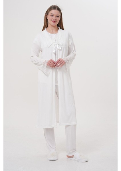 Mecit 1541 Ekru Uzun Sabahlıklı Lohusa Pijama Takımı