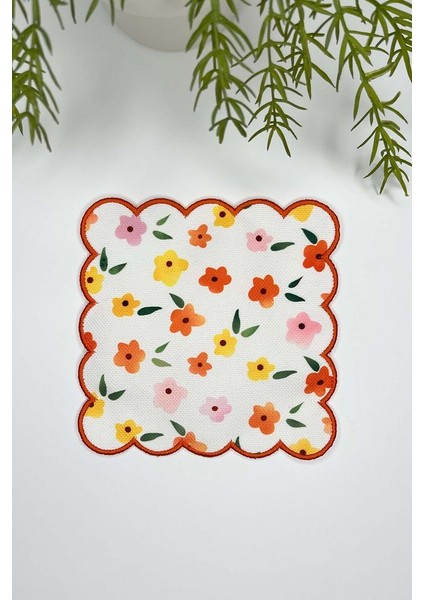 Çıtır Çiçek Desenli Turuncu Nakış Kenarlı Kokteyl Peçetesi 1 Adet