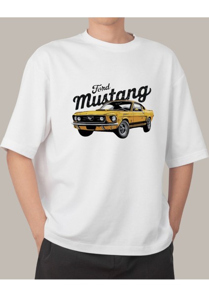 Sarı Ford Mustang Klasik Otomobil Baskılı Tişört