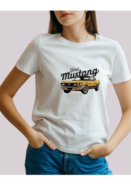 Sarı Ford Mustang Klasik Otomobil Baskılı Tişört