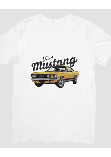 Sarı Ford Mustang Klasik Otomobil Baskılı Tişört