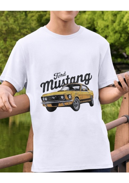 Sarı Ford Mustang Klasik Otomobil Baskılı Tişört