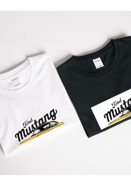 Sarı Ford Mustang Klasik Otomobil Baskılı Tişört