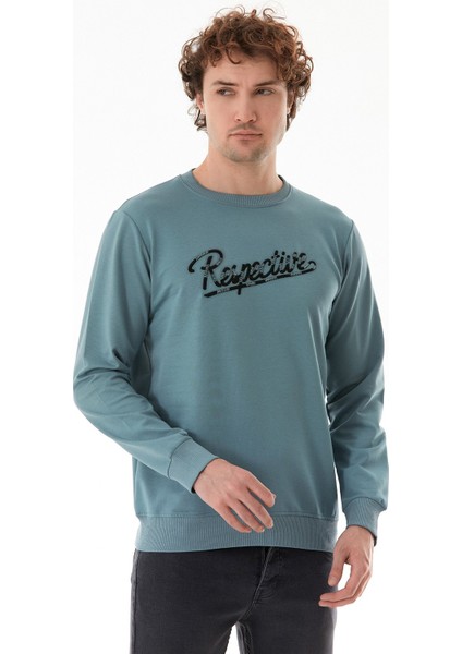Yazı Nakışlı Bisiklet Yaka Sweatshirt