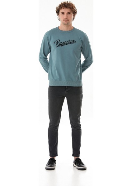 Yazı Nakışlı Bisiklet Yaka Sweatshirt