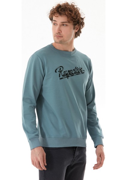 Yazı Nakışlı Bisiklet Yaka Sweatshirt