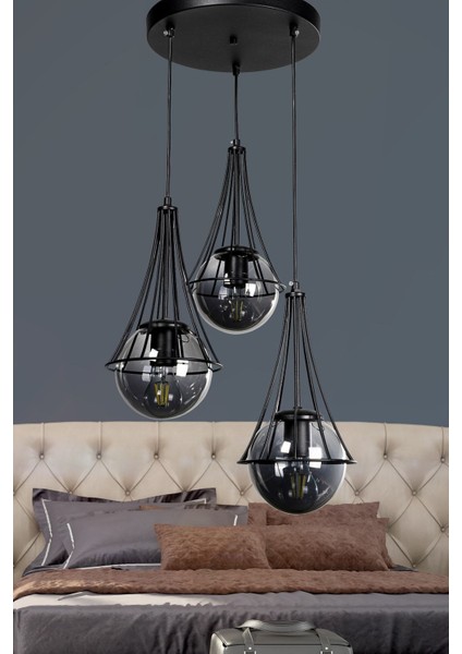 Lapis 3.lü Siyah-Füme Glop Camlı Avize