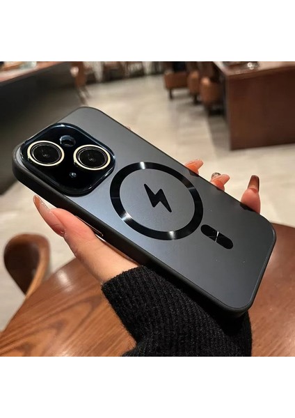 Apple iPhone 14 Uyumlu Kılıf Zebana Matte Glass Kılıf (Kablosuz Şarj Destekli) Siyah