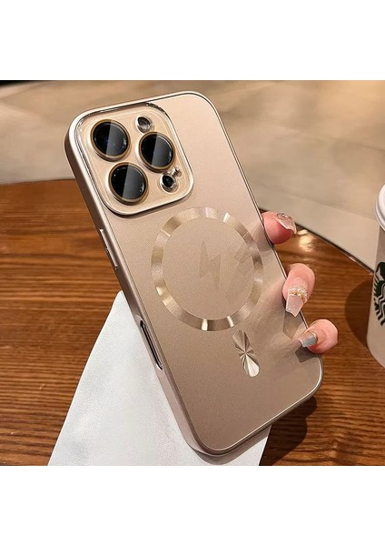 Apple iPhone 15 Pro Max Uyumlu Kılıf Zebana Matte Glass Kılıf (Kablosuz Şarj Destekli) Desert Titanyum