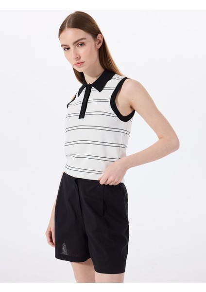 Polo Yaka Normal Çizgili Ekru Kazak Kadın J5SL-KZK7874