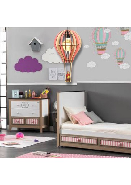 Ürgüp Çocuk Genç Odası Için Doğal Ahşap Mdf 3D Puzzle Uçan Balon Avize