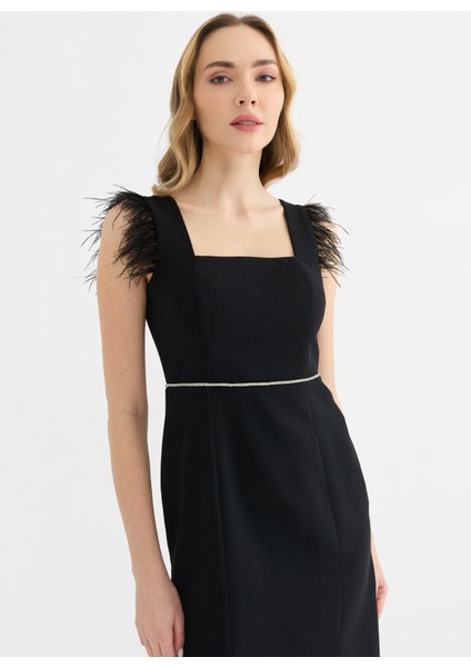 U Yaka Taşlı Siyah Standart Kadın Elbise 25YSL7643 modelleri