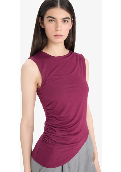 Slim Fit Dar Kesim Bisiklet Yaka Basic Düz Asimetrik Kesim Drapeli Atlet F0358AX25SM