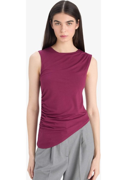 Slim Fit Dar Kesim Bisiklet Yaka Basic Düz Asimetrik Kesim Drapeli Atlet F0358AX25SM