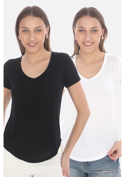 Extra Yumuşak Viscon 2'li Tişört -Siyah-Beyaz