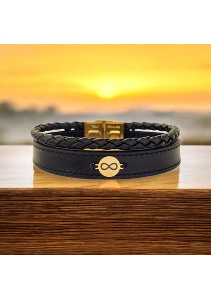 Altın Plakalı 14 Ayar Erkeklere Özel Sonsuzluk Detaylı Yuvarlak Motifli Özgün Derili Bileklik-396sonsuz-Siyah