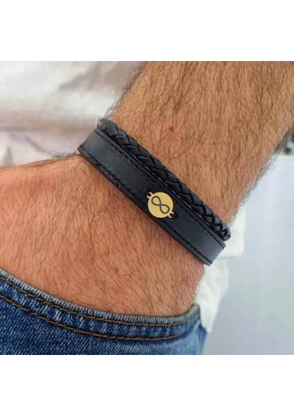 Altın Plakalı 14 Ayar Erkeklere Özel Sonsuzluk Detaylı Yuvarlak Motifli Özgün Derili Bileklik-396sonsuz-Siyah fiyatları