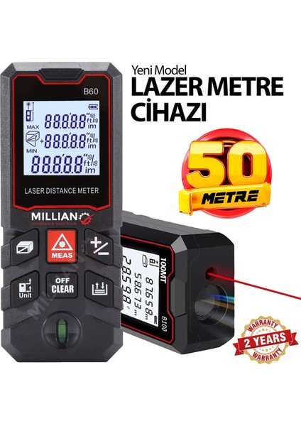 50 Metre Yüksek Hassasiyet Lazer Metre Ölçer LCD Dijital Ekran Su Terazili Lazermetre Lazerli