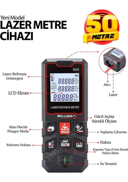 50 Metre Yüksek Hassasiyet Lazer Metre Ölçer LCD Dijital Ekran Su Terazili Lazermetre Lazerli