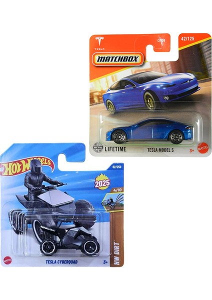 2 Araç Tesla Set - Hot Wheels Tesla Cyberquad & Matchbox Tesla Model S (1/64)