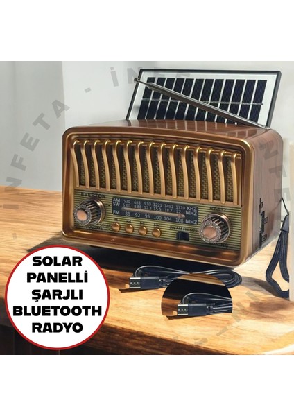 Solar Panelli USB Şarjlı Eskitme Nostalji Tasarımlı Bluetoothlu Nostalji Radyo