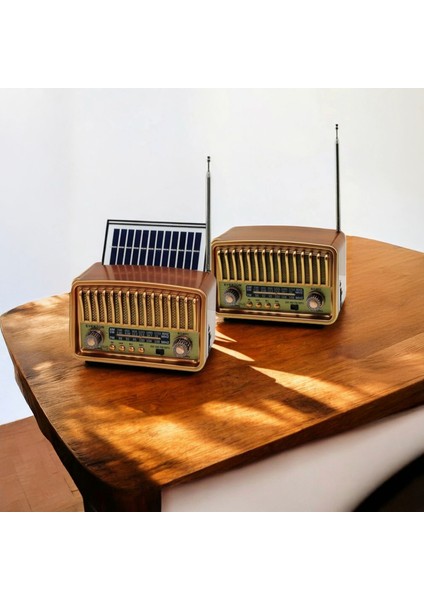 Solar Panelli USB Şarjlı Eskitme Nostalji Tasarımlı Bluetoothlu Nostalji Radyo