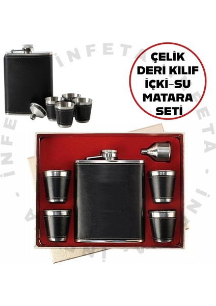 Derili Çelik Içki ,Su Matara Seti 4 Çelik Bardak Ve Huni 530ml-İçkı Matara Bardak Hediye Seti Kutulu