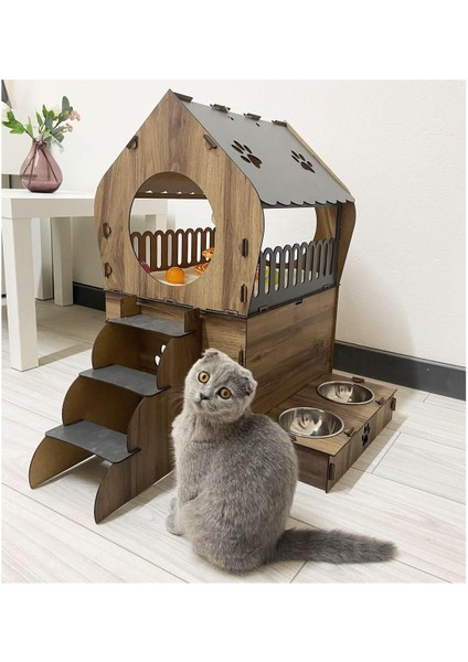 Luxury Pet Dekoratif Teraslı Kedi Evi ve Mama Kabı Seti 1 Adet modelleri