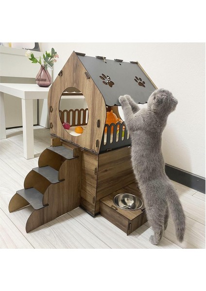 Luxury Pet Dekoratif Teraslı Kedi Evi ve Mama Kabı Seti 1 Adet indirimleri