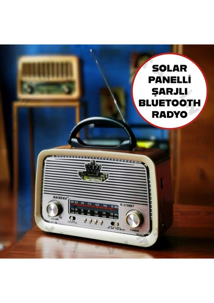 Bluetoothlu Eskitme Nostalji Tasarımlı Şarjlı Solar Panelli Radyo - Işıklı Nostalji Radyo